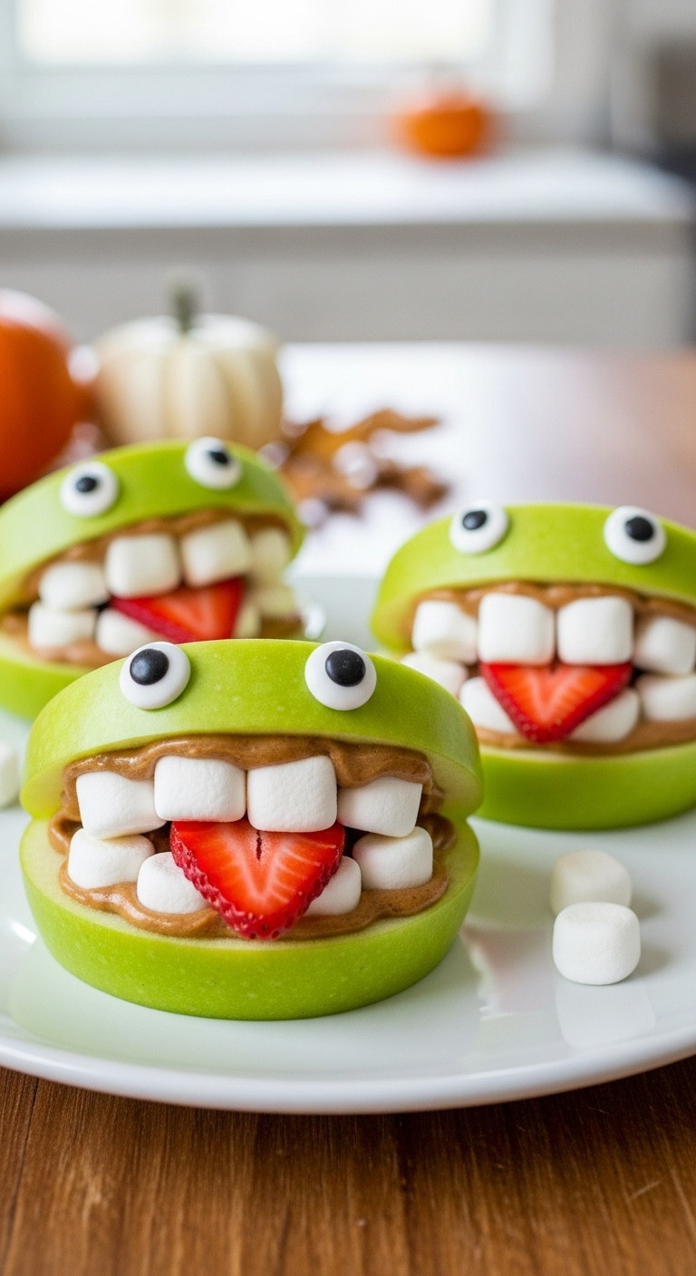 Three Green Apple Monster Mouths With Marshmallow Teeth, Strawberry Tongues, And Googly Eyes On A White Plate. Festive Halloween Snack.