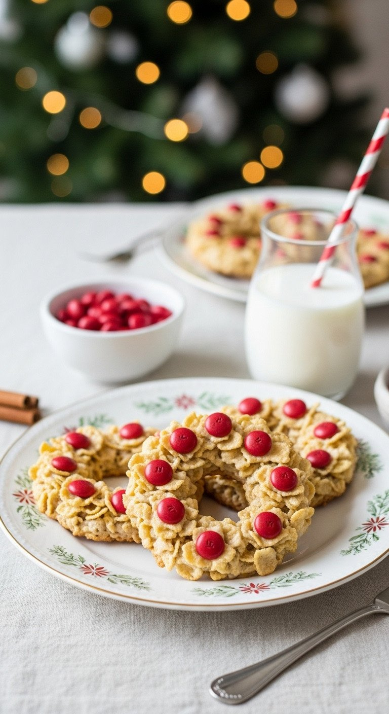 Three Green Nut-Free Cornflake Wreath Cookies With Red Cinnamon Candies Served On A Festive Vintage Plate With A Gold Rim.