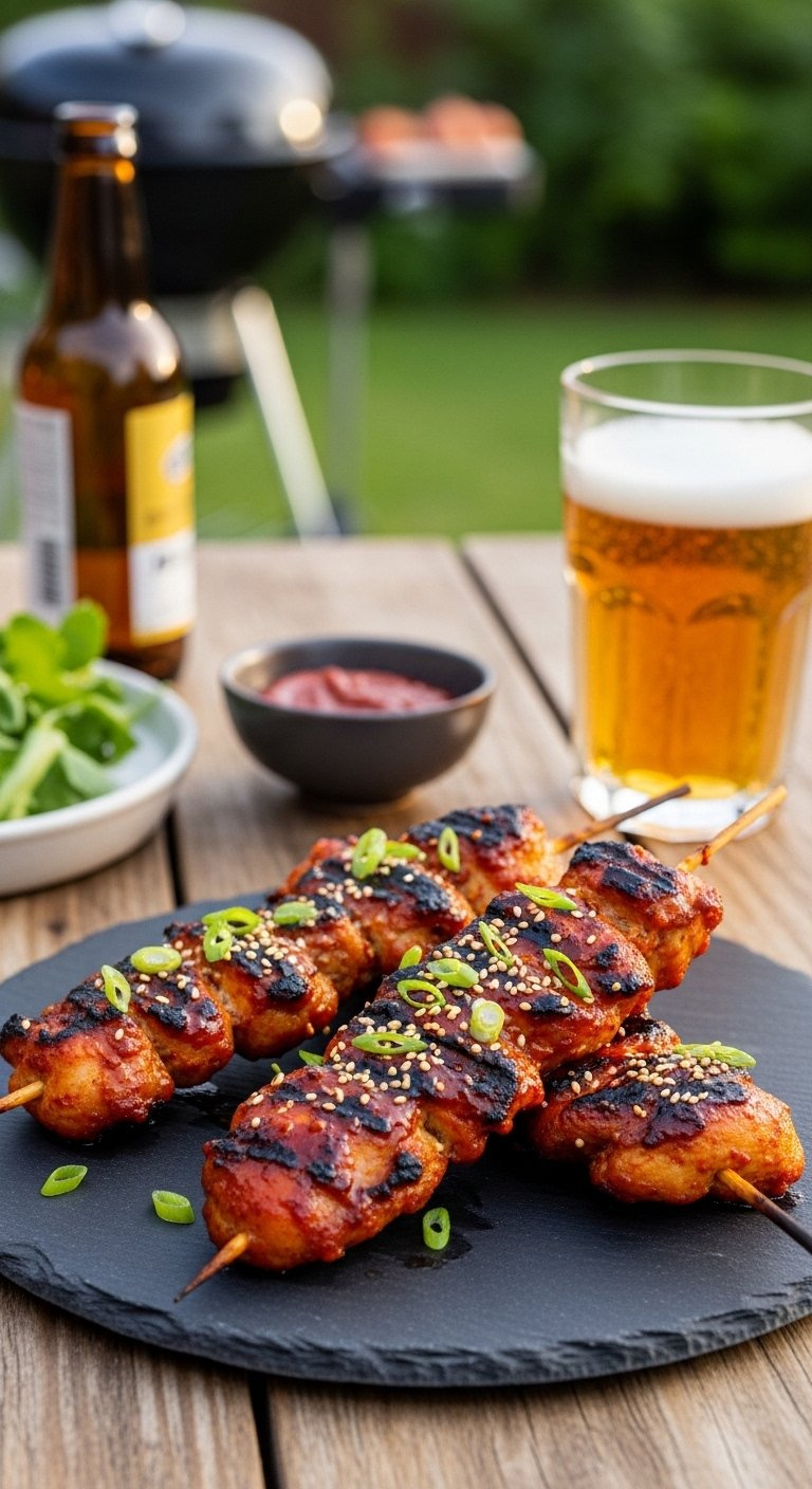 Three Grilled Korean Bbq Chicken Skewers Glazed With Gochujang And Sesame Seeds On A Rustic Wooden Table.