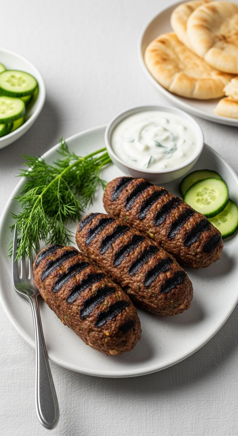 Three Grilled Lamb Kofta Kebabs With Distinct Char Marks Served On A White Platter With Yogurt Sauce And Fresh Dill.