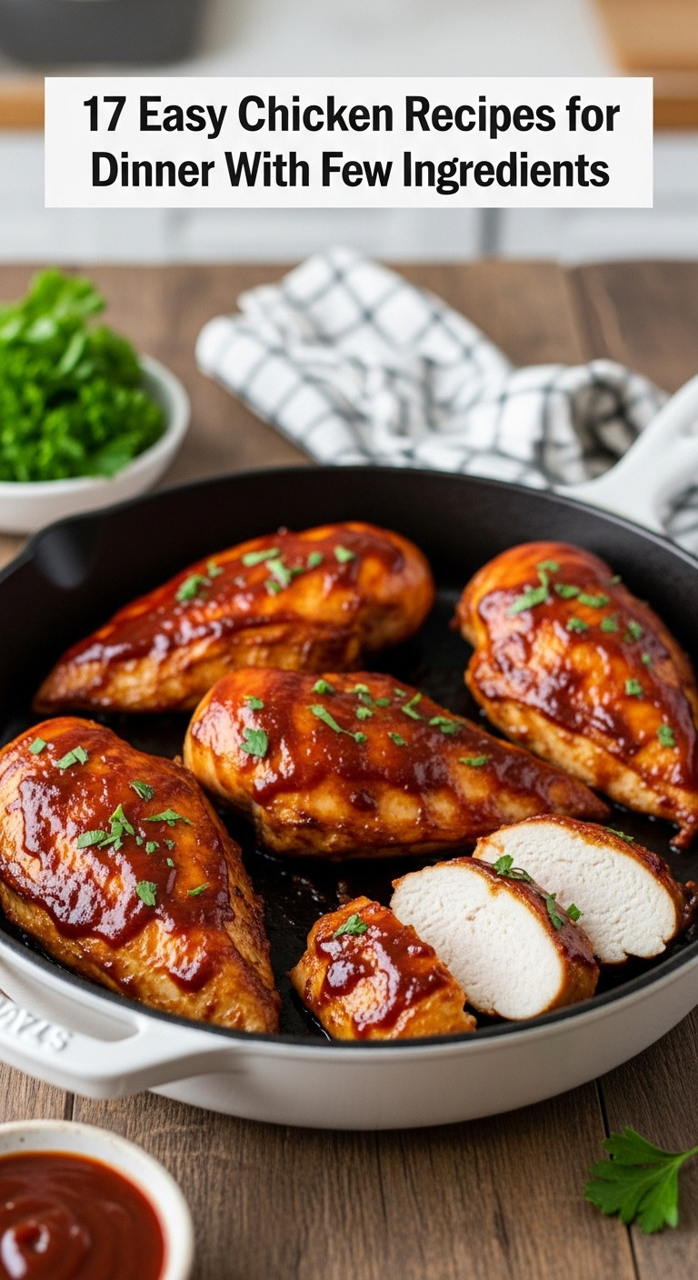Three Ingredient Baked Bbq Chicken Breasts Glistening With Caramelized Sauce In A Cast Iron Skillet