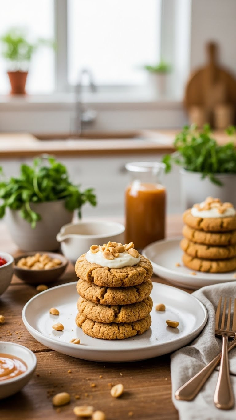 Three Ingredient Peanut Butter Cookies On Rustic Wooden Table