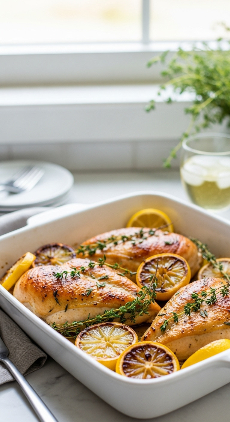 Three Ingredient Roasted Lemon Chicken Breasts With Caramelized Skin And Fresh Thyme In A White Baking Dish
