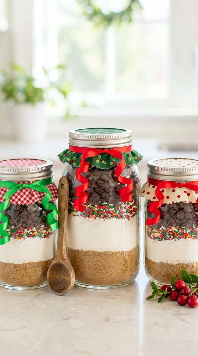 Three Mason Jars Filled With Colorful Baking Ingredient Layers Topped With Fabric Circles And Festive Ribbons On Kitchen Counter.