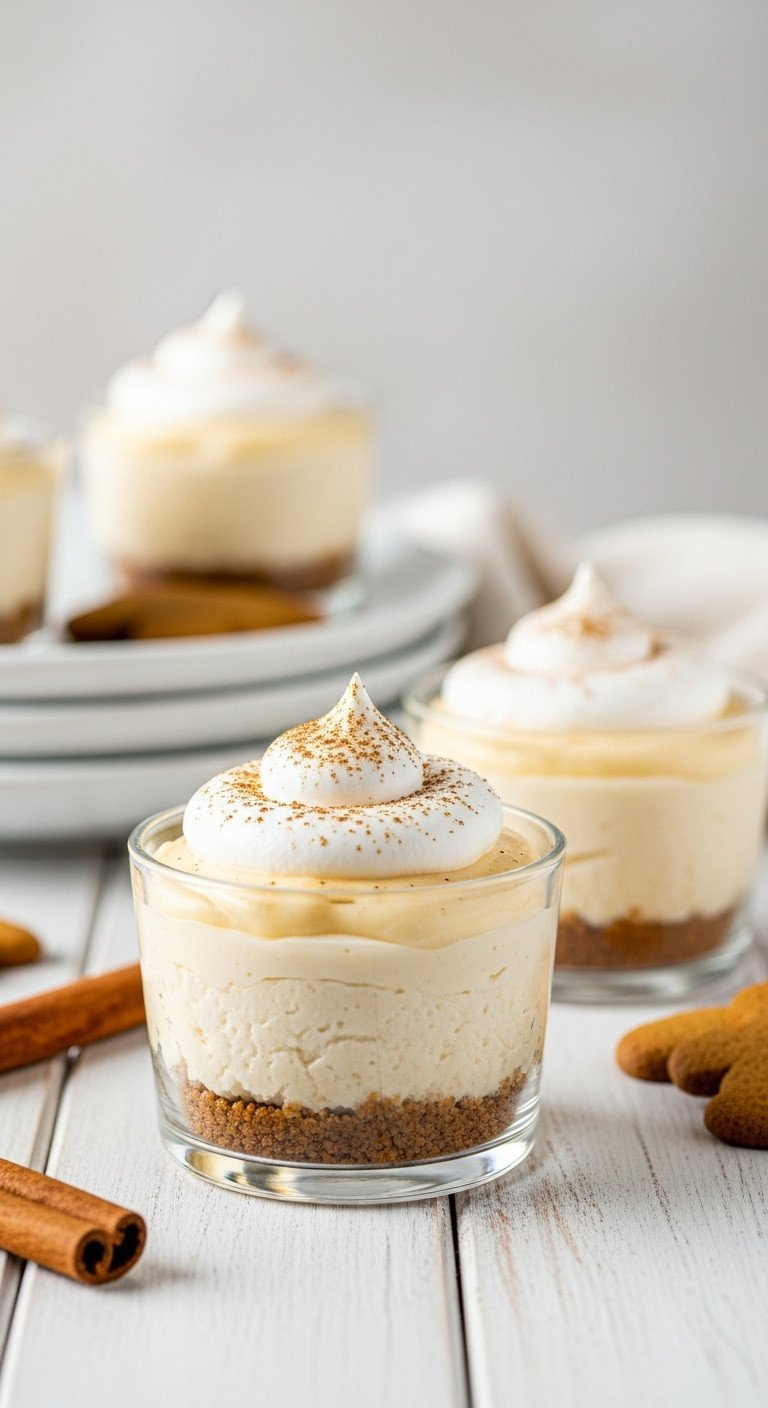 Three Mini No-Bake Eggnog Cheesecakes In Glass Cups With Gingersnap Crusts, Topped With Whipped Cream And Nutmeg.