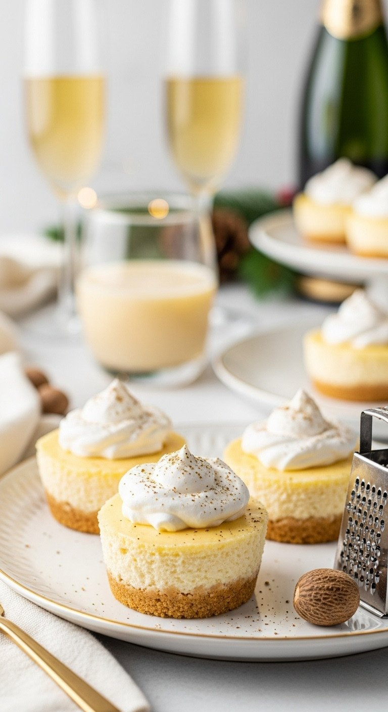 Three Mini No-Bake Eggnog Cheesecakes On A Platter, Topped With Whipped Cream And A Sprinkle Of Festive Nutmeg.