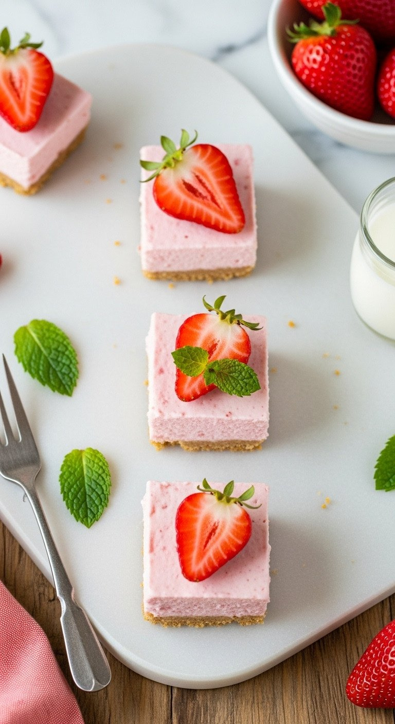 Three Mini No-Bake Strawberry Cheesecake Bites, Graham Crust, Pink Filling, Fresh Strawberry &Amp; Mint Leaf. Bright, Fresh Dessert.