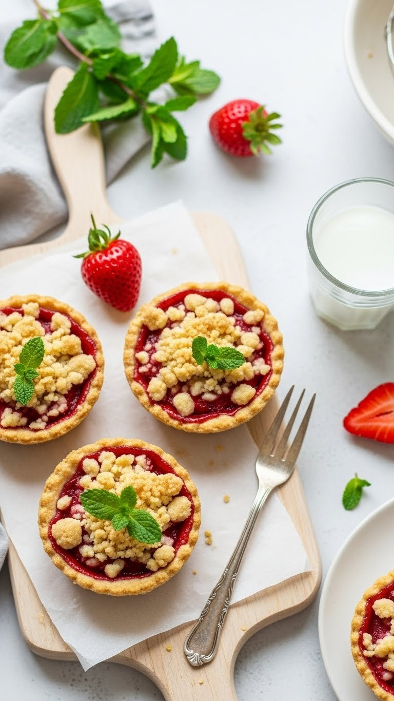 Three Mini Strawberry Crumble Tarts With Ruby-Red Filling And Streusel Topping On Wooden Board.