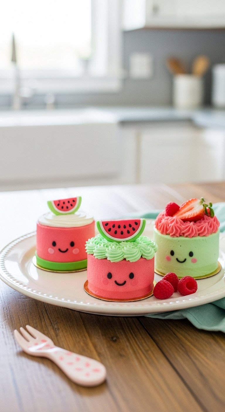 Three Mini Watermelon Smash Cakes With Pink And Green Frosting On A Rustic Platter.