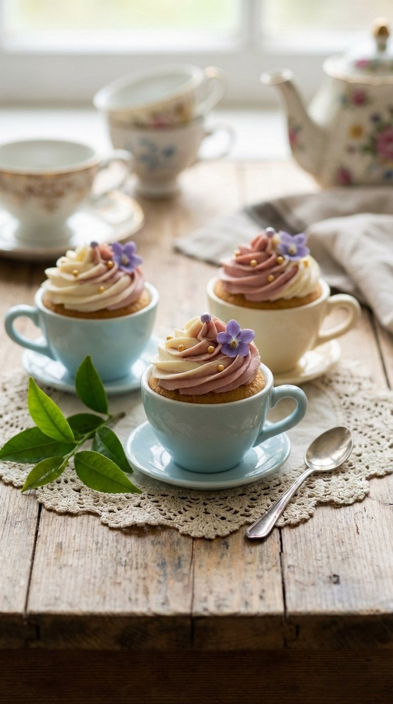 Three Miniature Cupcakes Baked In Edible Candy Teacups With Pastel Swirls And Sugar Pearl Accents