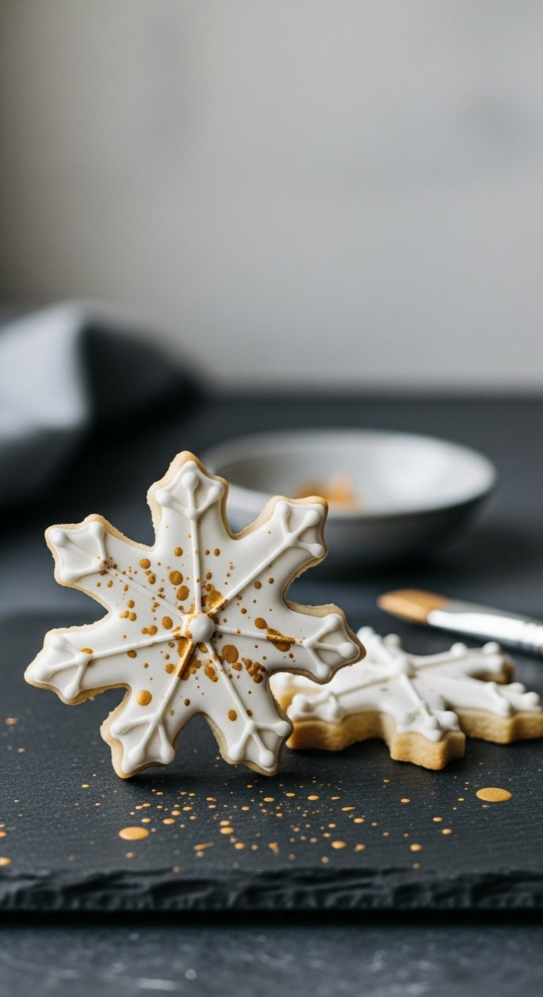 Three Minimalist Snowflake Sugar Cookies With White Icing And Elegant Edible Gold Paint Splatter On A Dark Slate Surface.