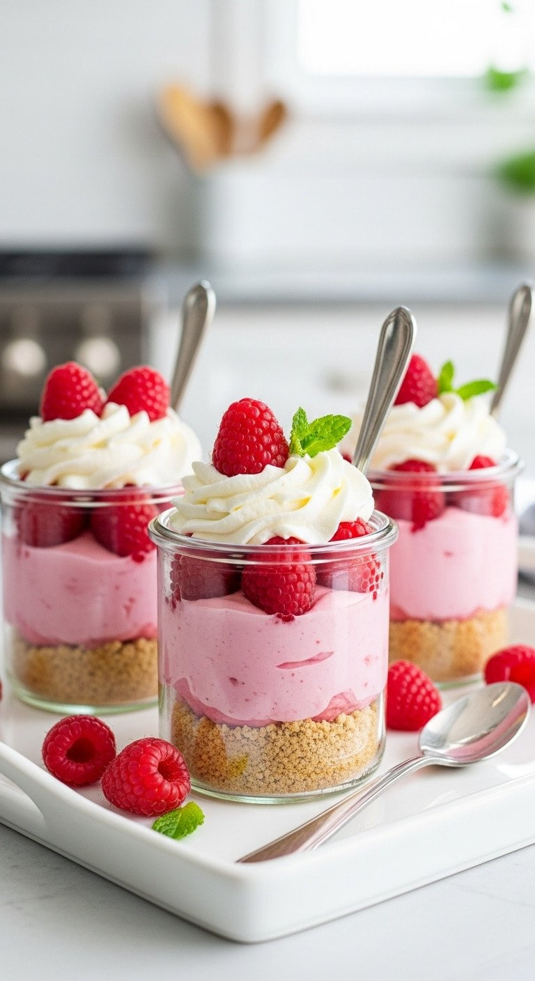 Three No-Bake Raspberry Cheesecake Jars With Graham Cracker, Pink Filling, Whipped Cream, Fresh Raspberries On A White Tray.