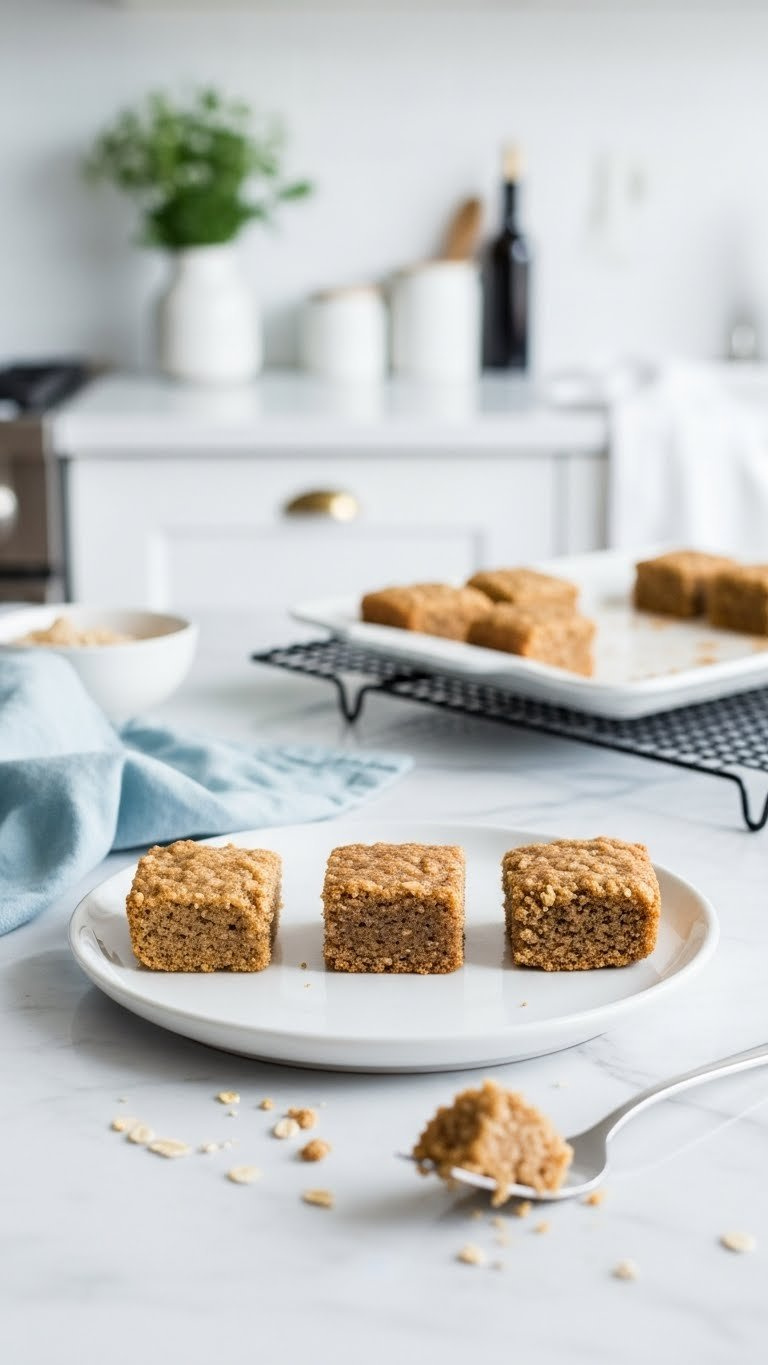 Three Oat Flour Baked Squares Showing Perfect, Dense, And Crumbly Textures On White Marble Countertop