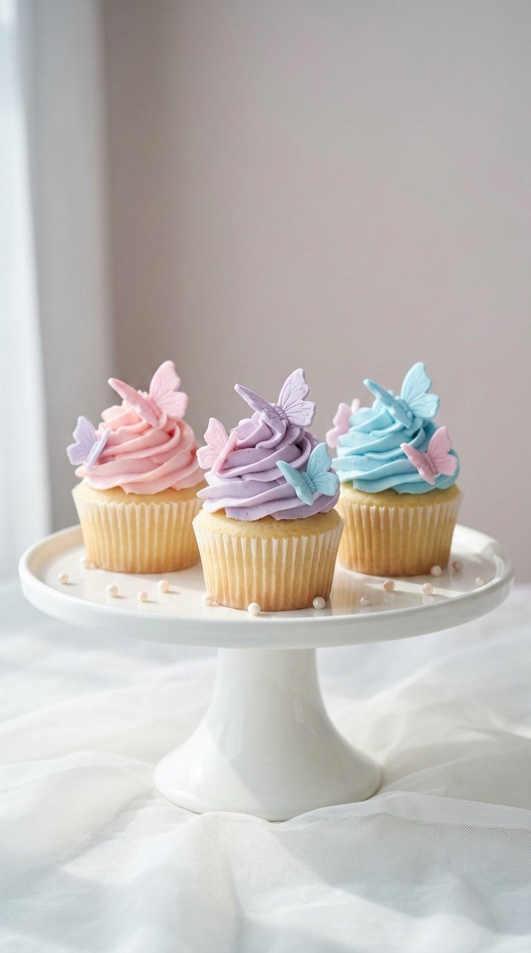 Three Pastel Cupcakes With Delicate Sugar Paste Butterflies Perched On Creamy Buttercream Swirls Against Soft Natural Lighting