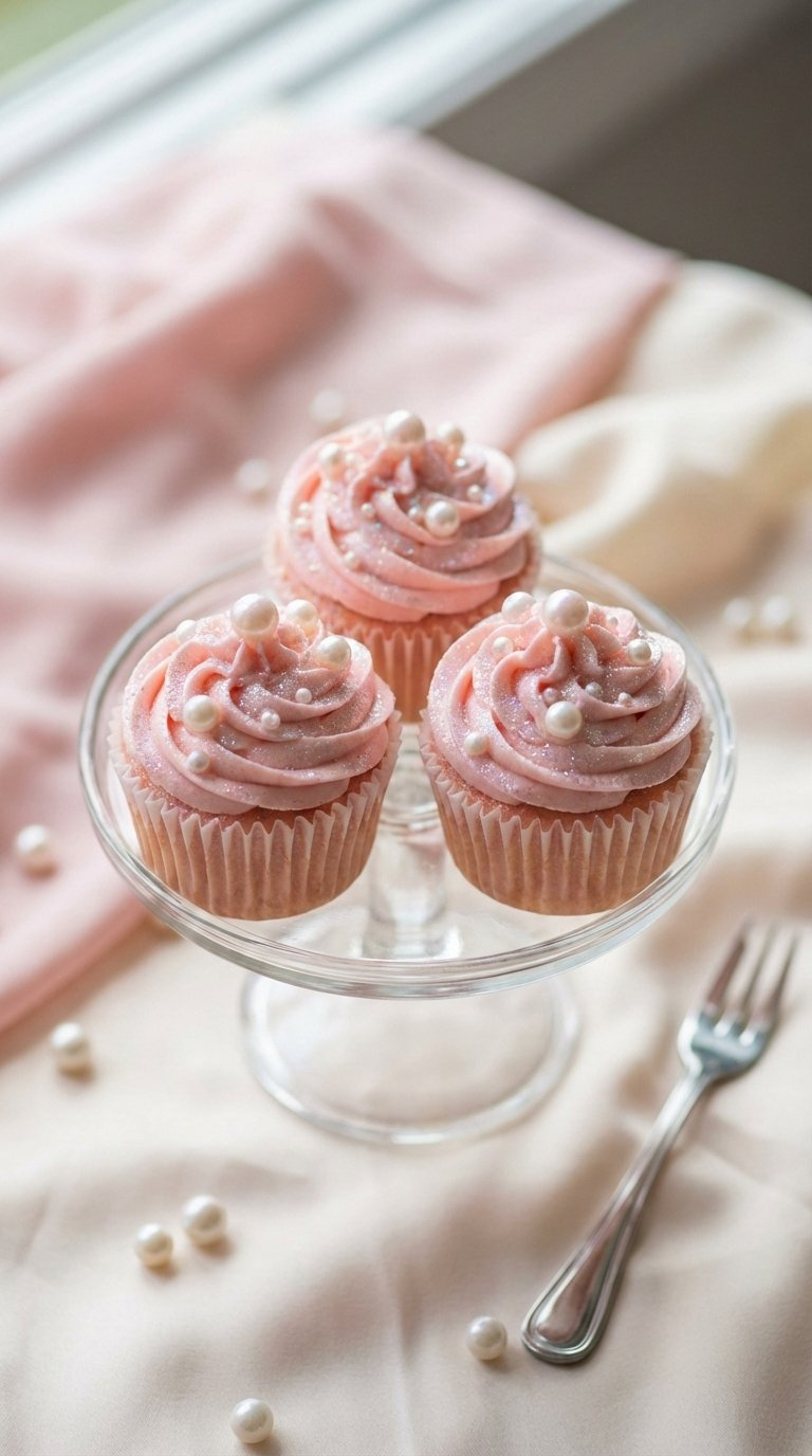 Three Pastel Pink Cupcakes Coated With Iridescent Edible Glitter And Lustrous Pearls For Elegant Celebration