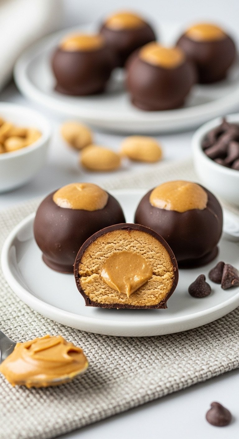 Three Peanut Butter Protein Buckeyes On A White Plate, With One Sliced To Reveal The Creamy Peanut Butter Interior.
