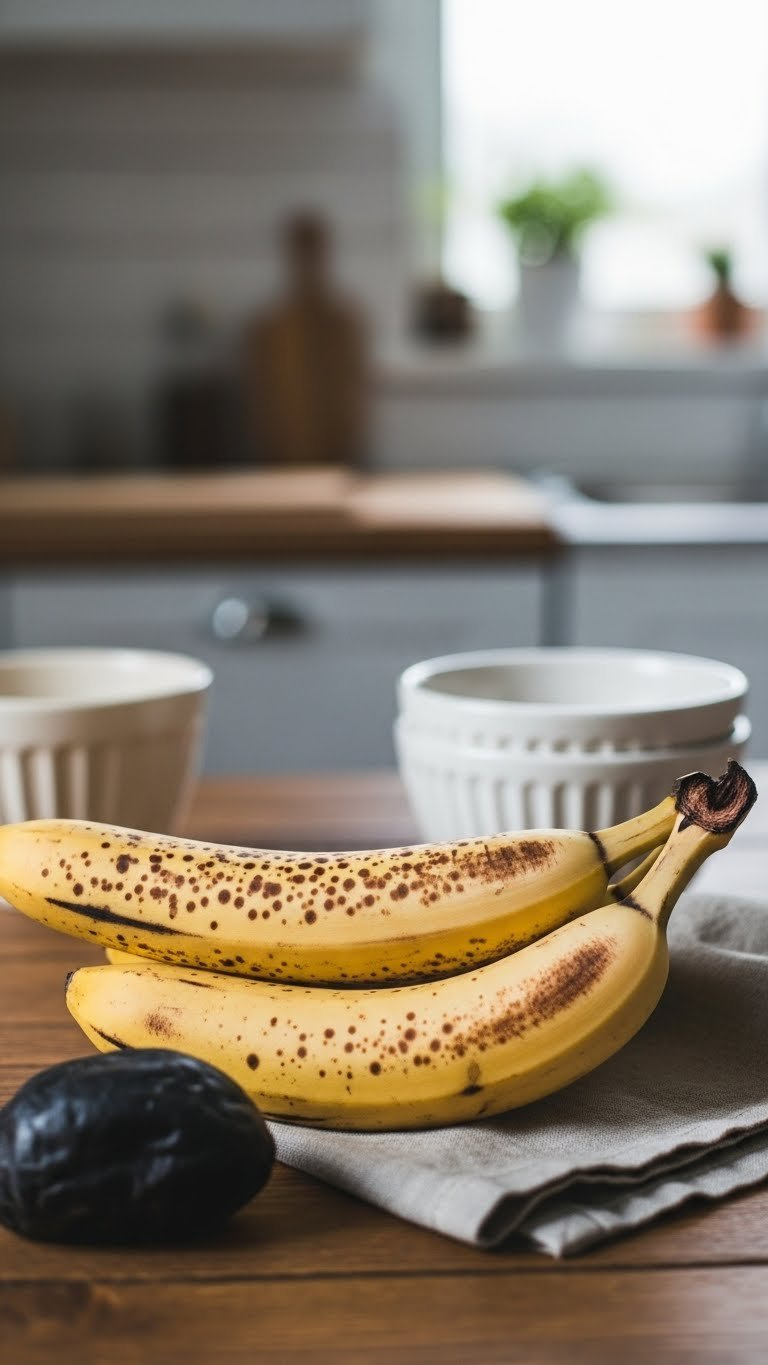 Three Perfectly Ripe Bananas With Brown Spots On Rustic Wooden Table Showcasing Ideal Texture For Healthy Banana Bread Baking