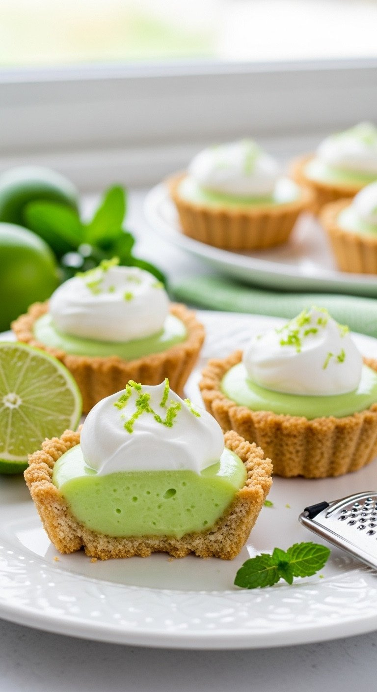 Three Petite Key Lime Tarts: Graham Crust, Bright Lime Curd, Whipped Cream, Lime Zest. Fresh &Amp; Vibrant Dessert.