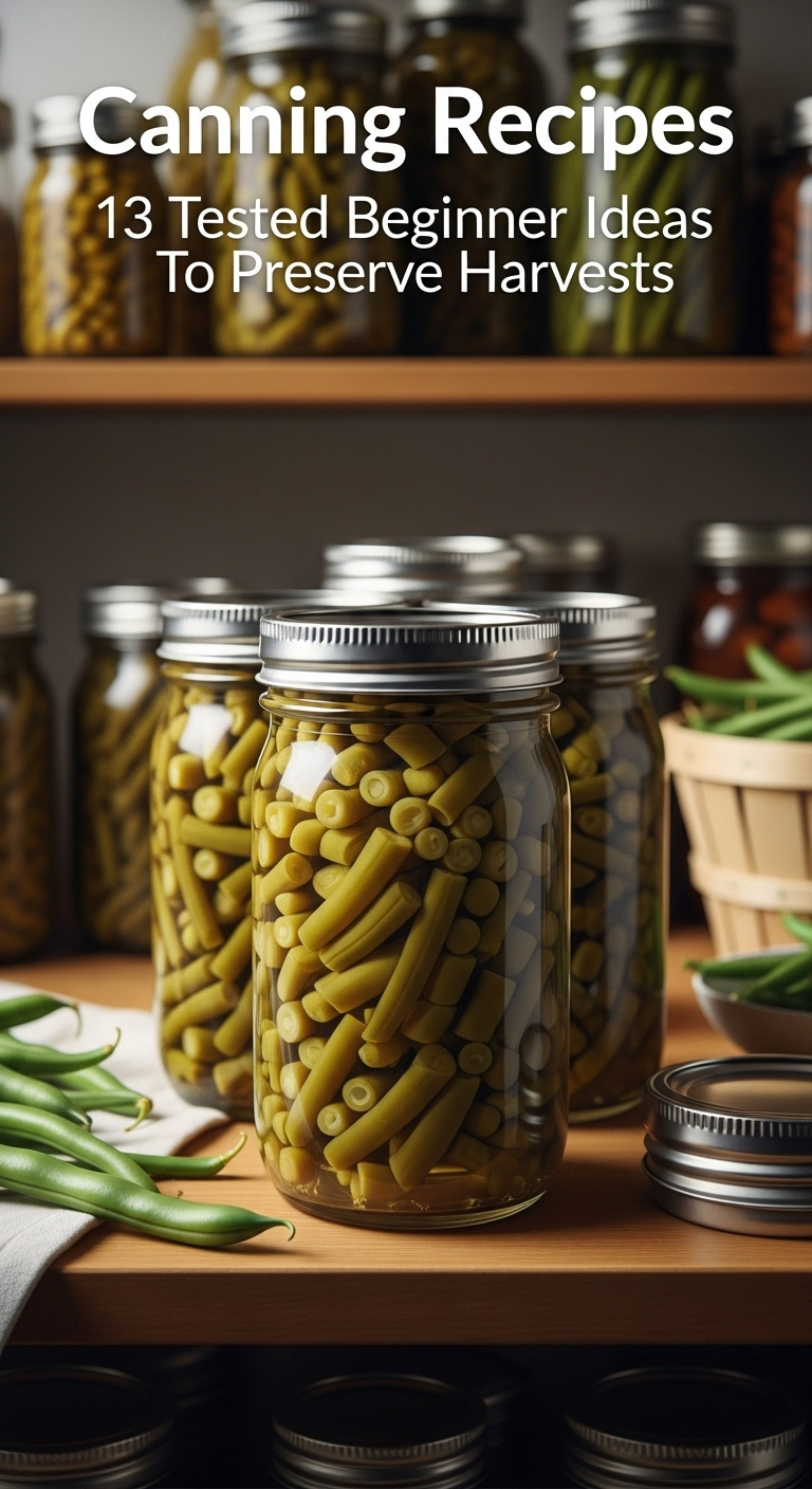 Three Pint Jars Of Neatly Packed Canned Green Beans With Silver Lids On A Wooden Shelf In A Pantry With Fresh Green Beans