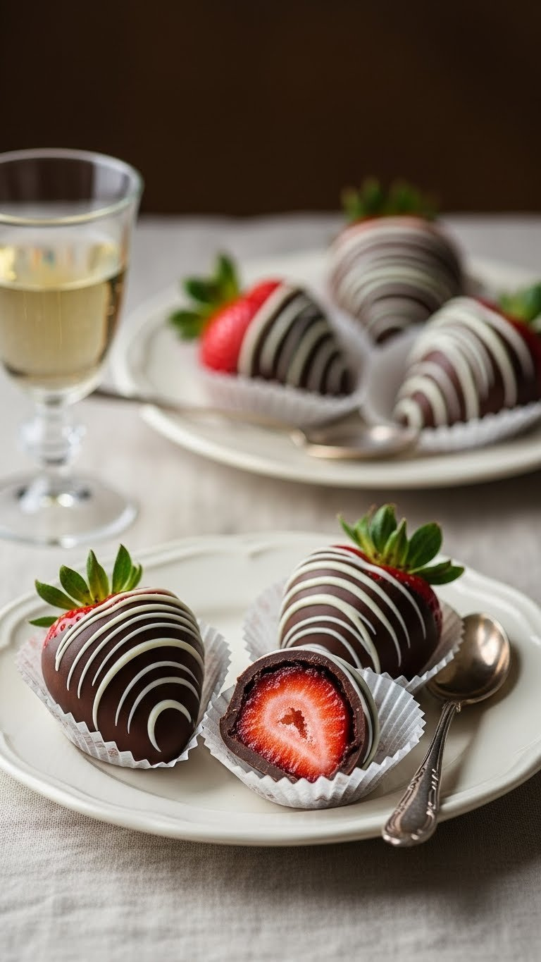 Three Plump Chocolate-Dipped Strawberries With White Chocolate Drizzle Nestled In Paper Liner On Ceramic Plate