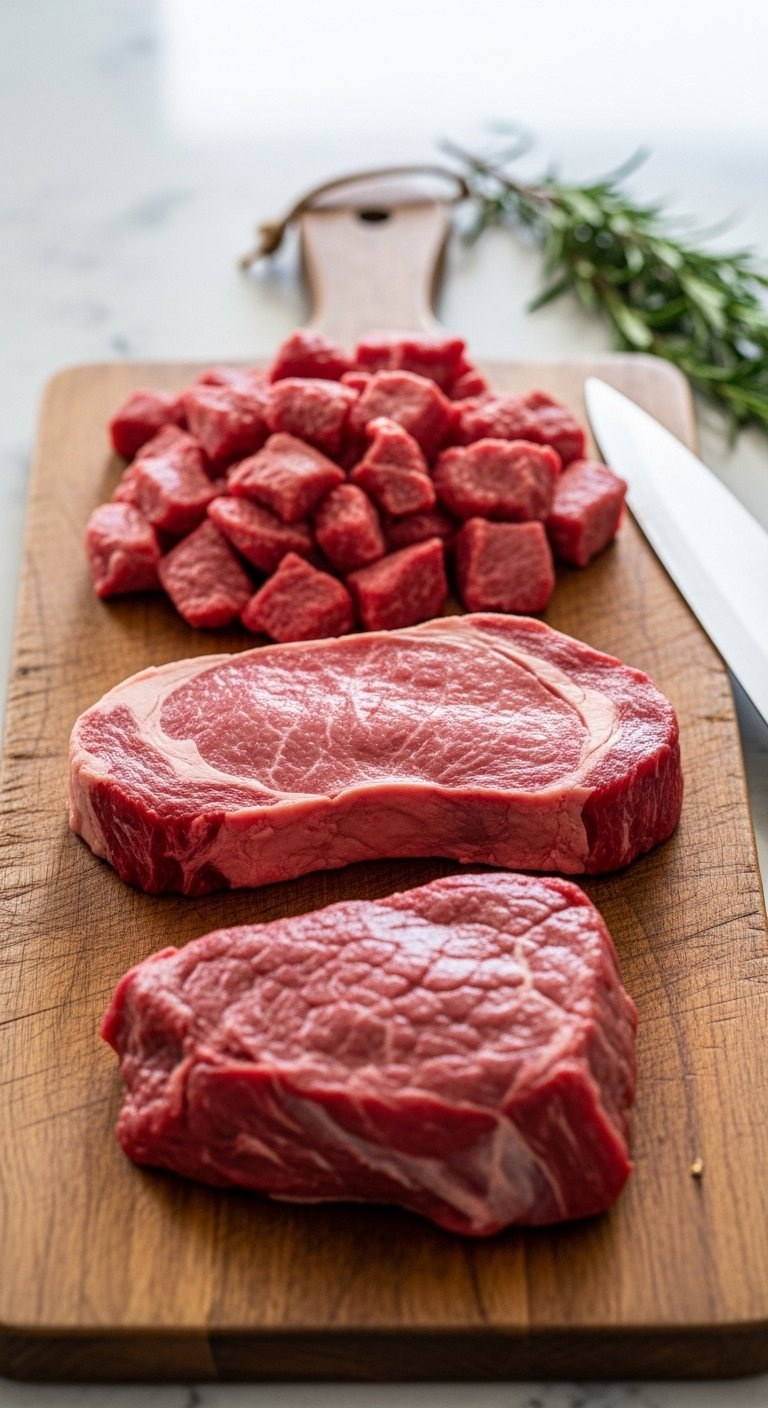 Three Raw Beef Cuts Including Cubed Stew Meat, Sirloin Steak, And Chuck Roast On A Wooden Cutting Board.