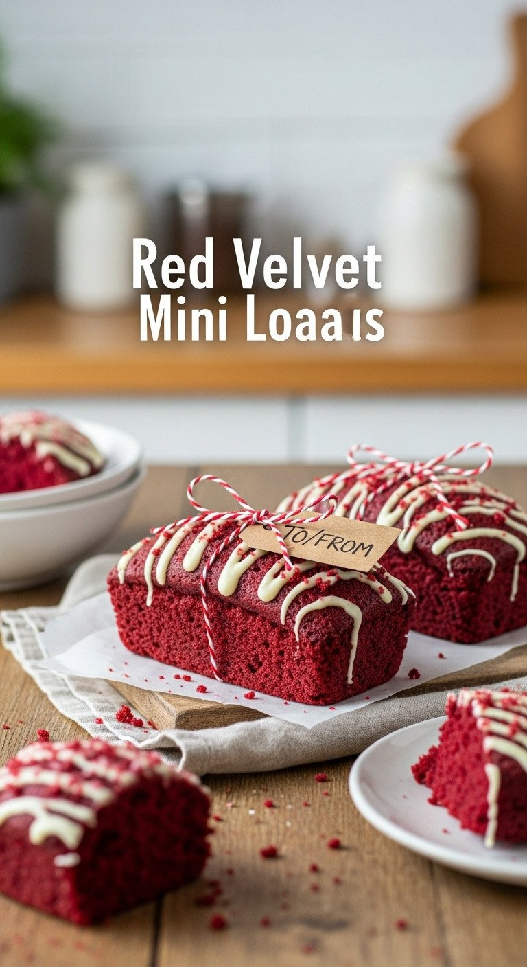 Three Red Velvet Mini Loaves, Drizzled With White Chocolate Glaze And Red Sugar, Tied With Rustic Twine For Gifting.