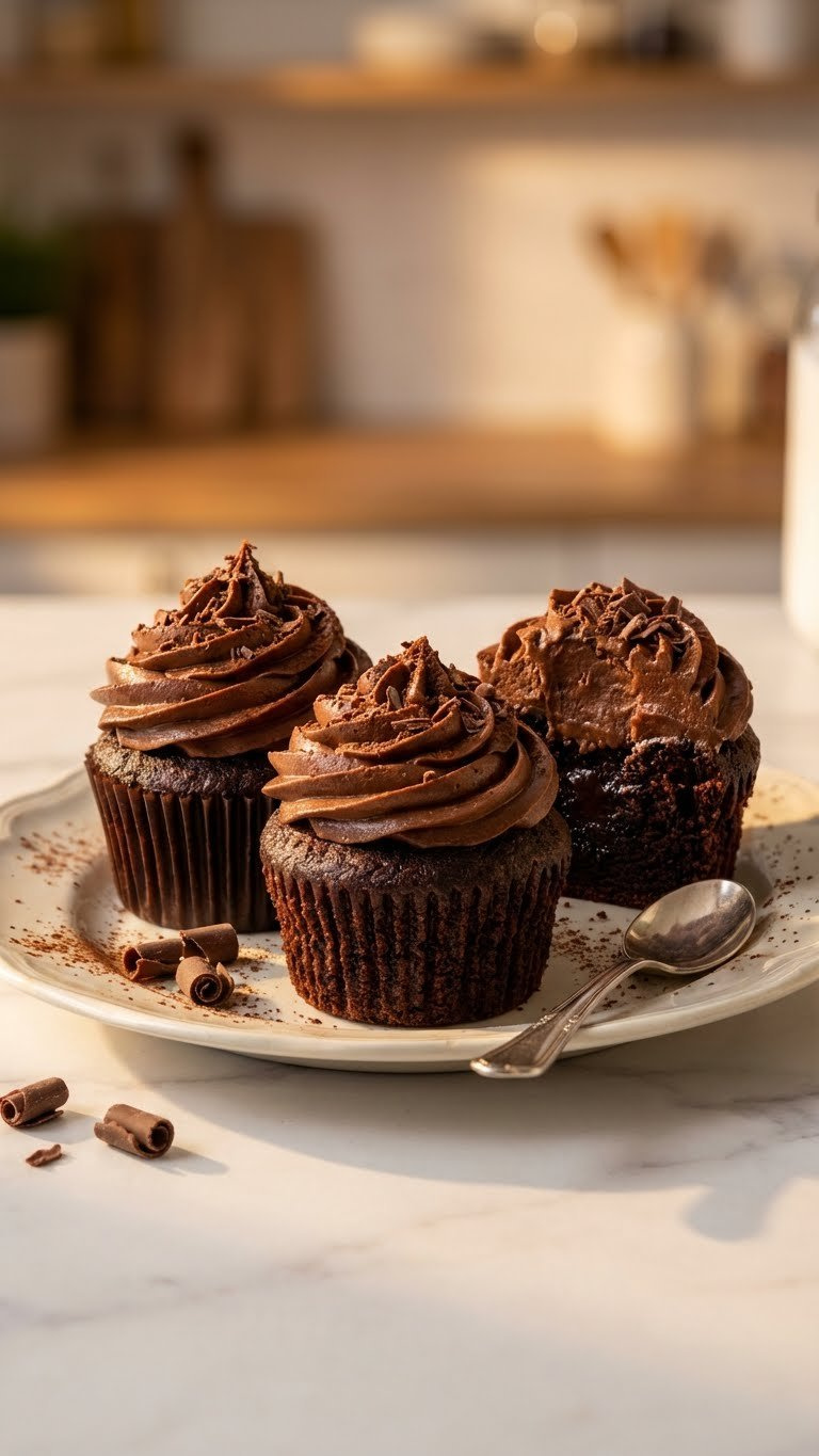 Three Rich Chocolate Cupcakes With Glossy Chocolate Buttercream And Shavings Rest On A Marble Counter In Warm Light.