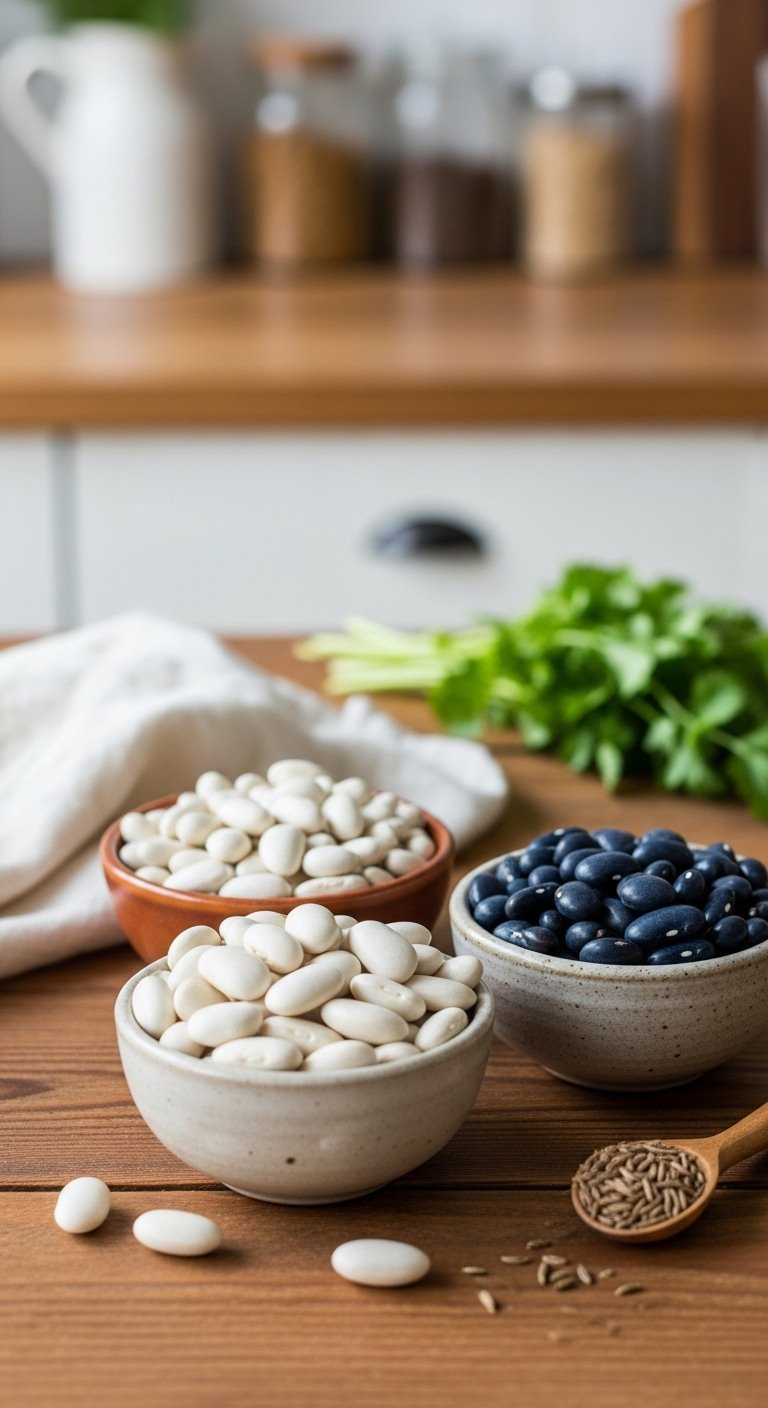 Three Rustic Ceramic Bowls Filled With Uncooked Great Northern, Cannellini, And Navy Beans Arranged On A Wooden Table.