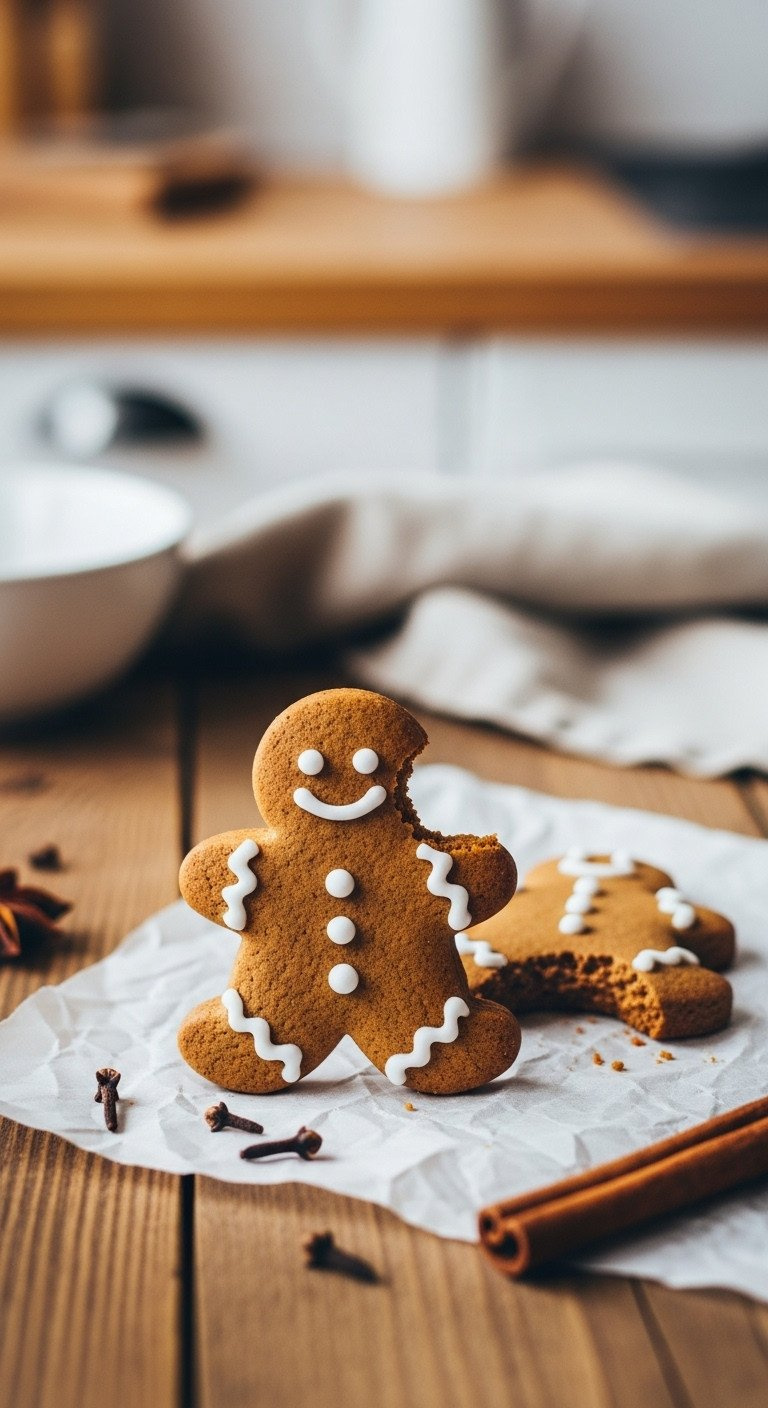 Three Rustic Gingerbread Men Cookies With White Icing On Crumpled Parchment Paper Next To A Cinnamon Stick.