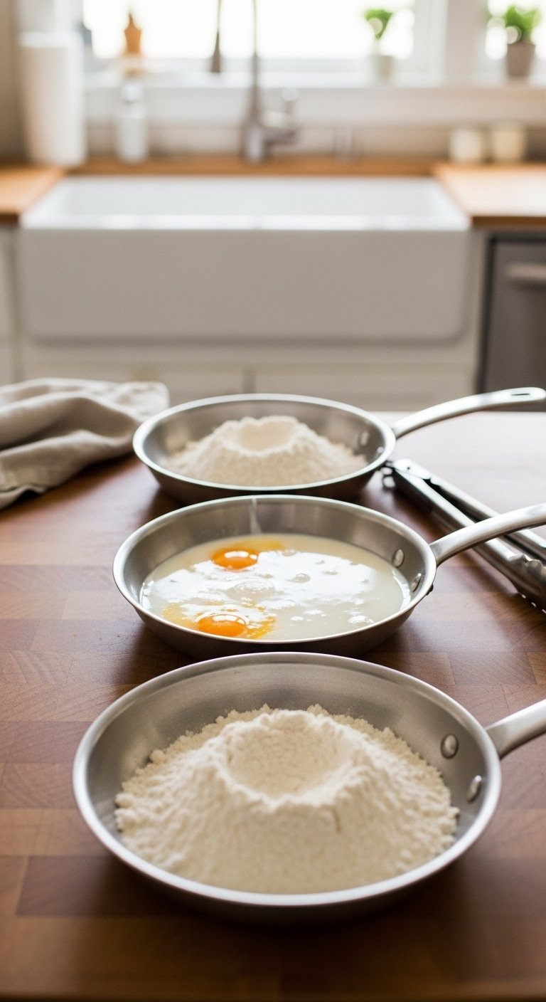 Three Shallow Pans Arranged In A Row Containing Seasoned Flour And Buttermilk Egg Mixture For Dredging Chicken.
