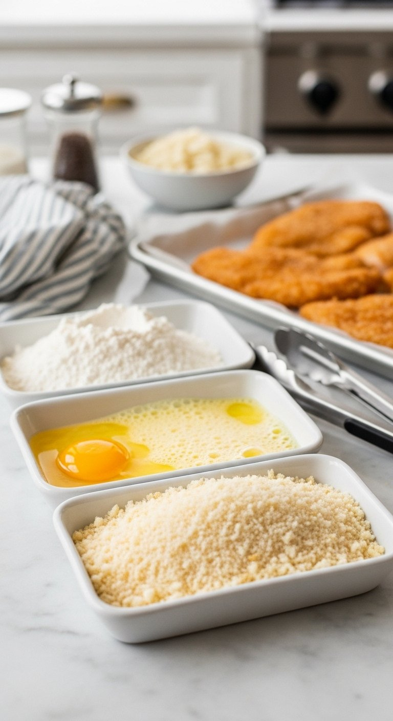 Three Shallow Rectangular Trays Containing Flour, Beaten Eggs, And Panko Breadcrumbs On A Marble Countertop.