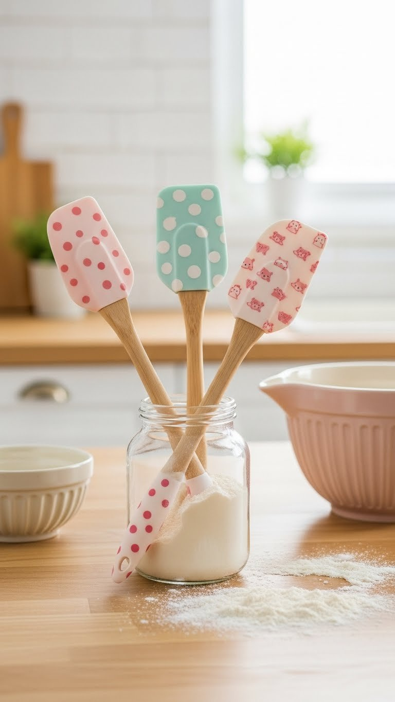 Three Silicone Spatulas With Pastel-Colored Handles And Whimsical Patterns Arranged Symmetrically On A Light Wooden Countertop With Flour Scattering.