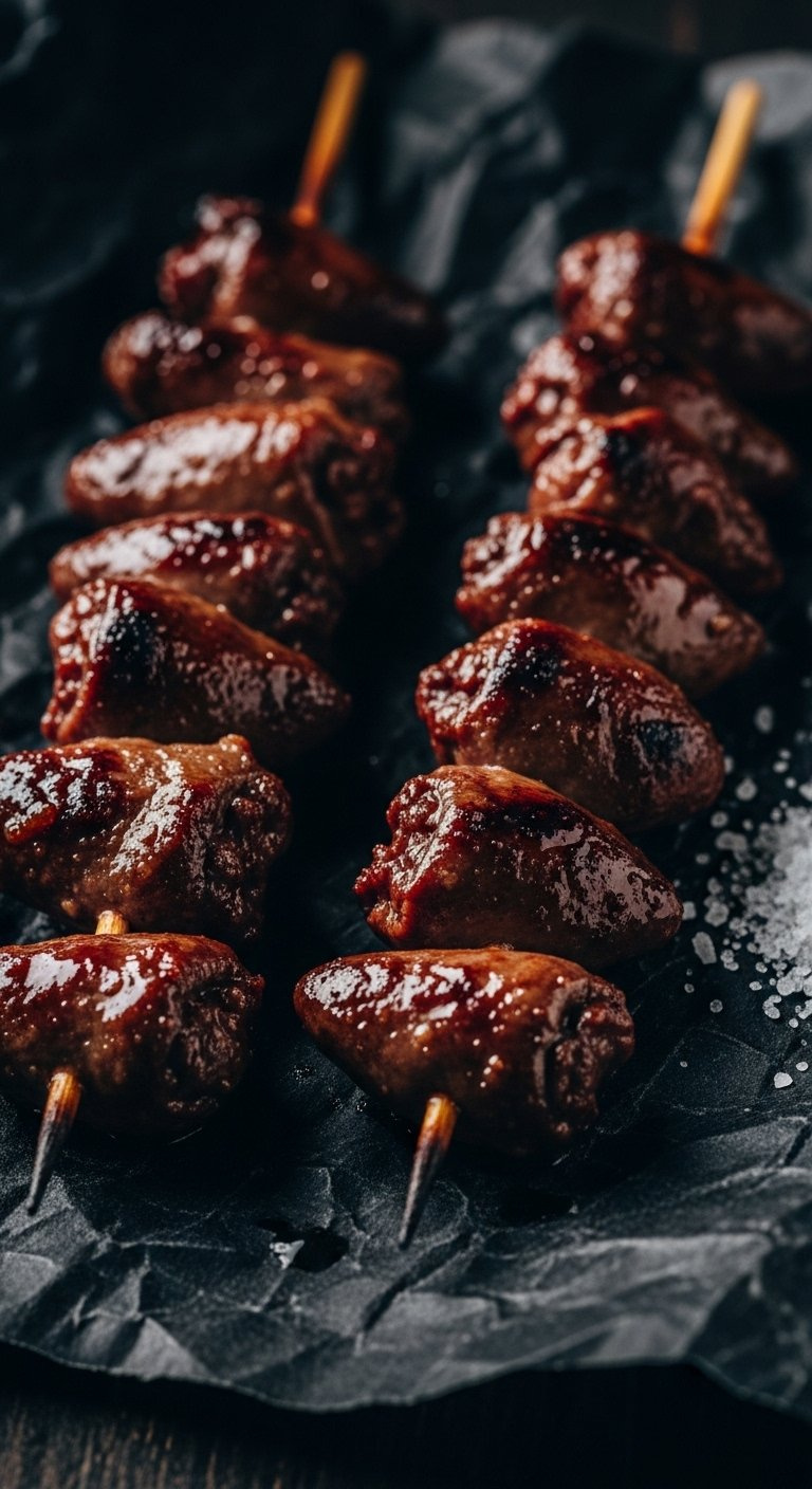Three Skewers Of Glossy Grilled Hatsu Chicken Hearts With Deep Mahogany Char On Dark Butcher Paper.