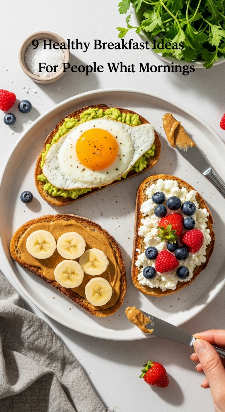 Three Slices Of Artisan Toast With Avocado Egg Almond Butter Banana Cottage Cheese And Berries On A White Platter