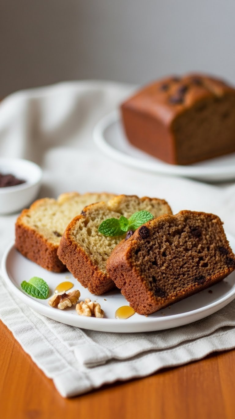 Three Slices Of Vegan Zucchini Bread Variations Arranged On White Plate Showing Gluten-Free, Oil-Free, And Chocolate Chip Options