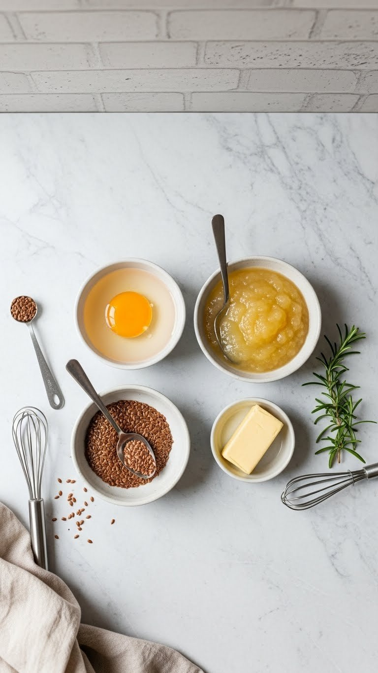 Three Small Bowls Showcasing Flax Egg, Unsweetened Applesauce, And Vegan Butter Arranged On Marble Countertop