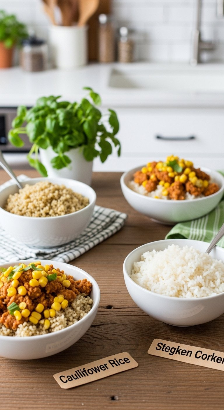 Three Small Bowls Showcasing Healthy Street Corn Chicken Variations With Quinoa, Cauliflower Rice, And White Rice.