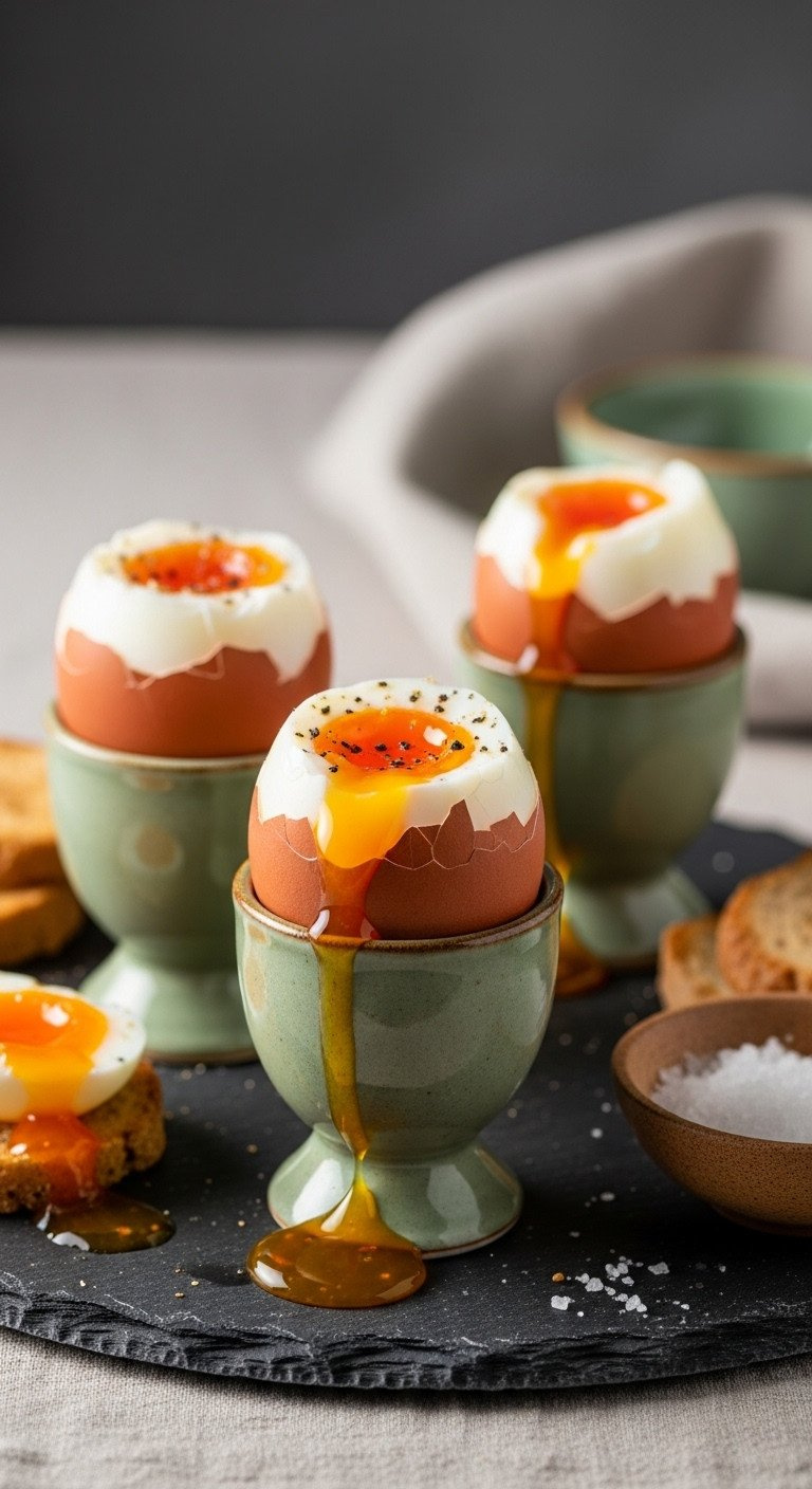 Three Soft-Boiled Eggs In Rustic Ceramic Cups With Jammy Orange Yolks Revealed, Ready For Dipping With Toast Points.