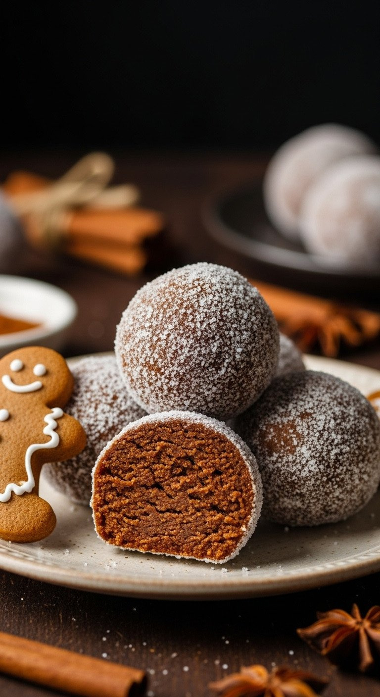 Three Spiced Gingerbread Truffles Rolled In Sparkling Sugar On A Plate, One Cut To Show The Dense, Cake-Like Center.