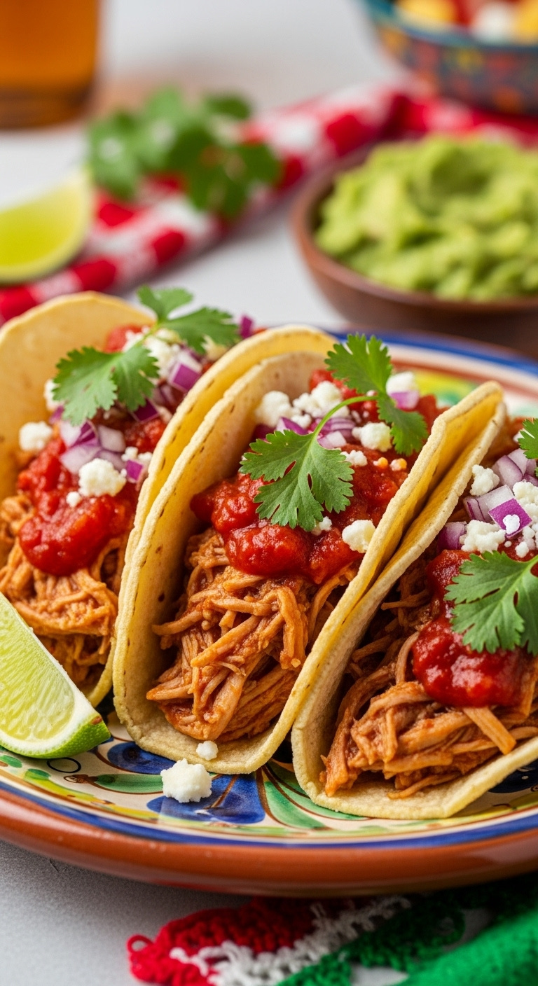 Three Street-Style Crockpot Chicken Tacos With Shredded Salsa Chicken Cilantro Red Onion And Cotija Cheese On A Ceramic Plate