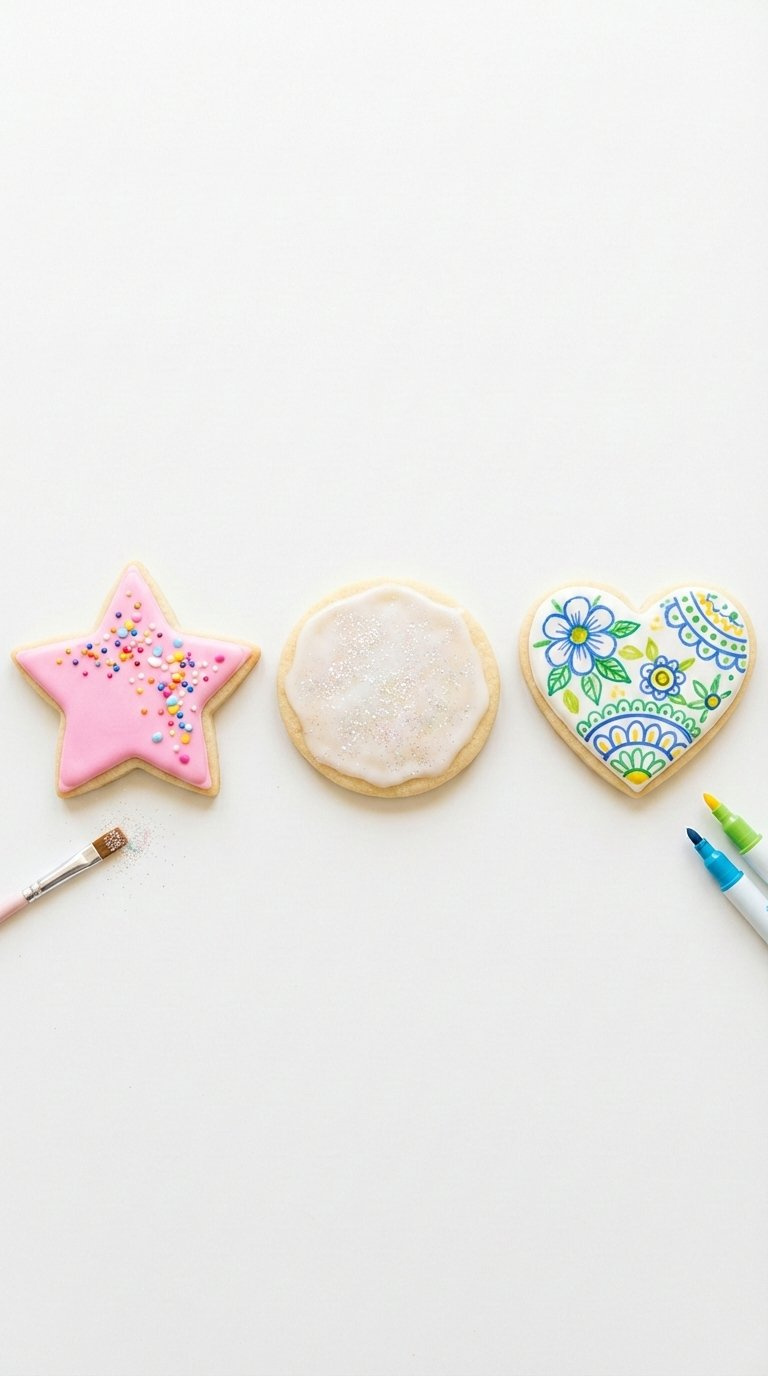 Three Styles Of Decorated Sugar Cookies Showcasing Royal Icing, Glaze, And Edible Marker Techniques.