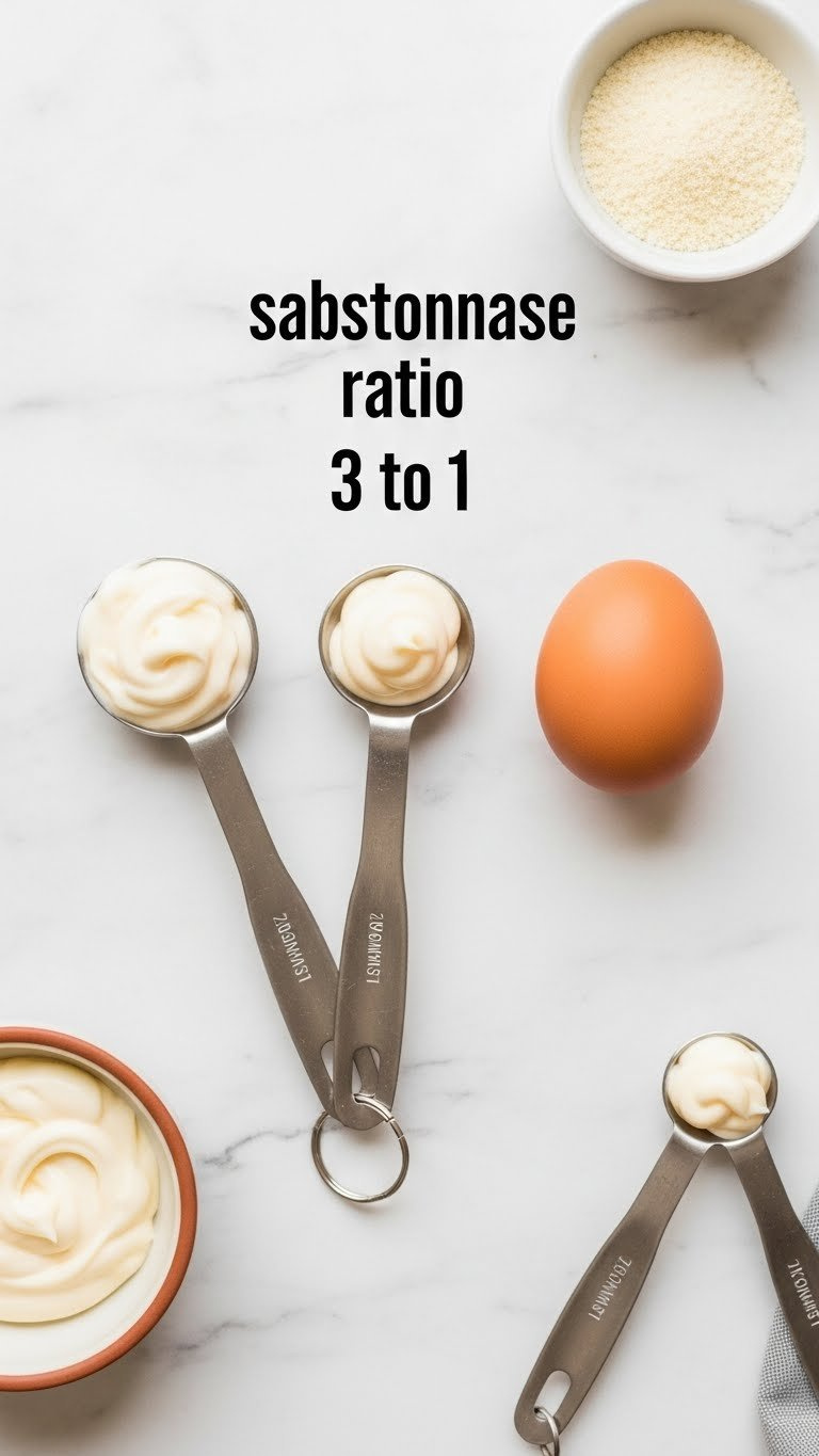 Three Tablespoons Of Mayonnaise Next To A Brown Egg On Marble, Illustrating A 3:1 Baking Substitution Ratio.