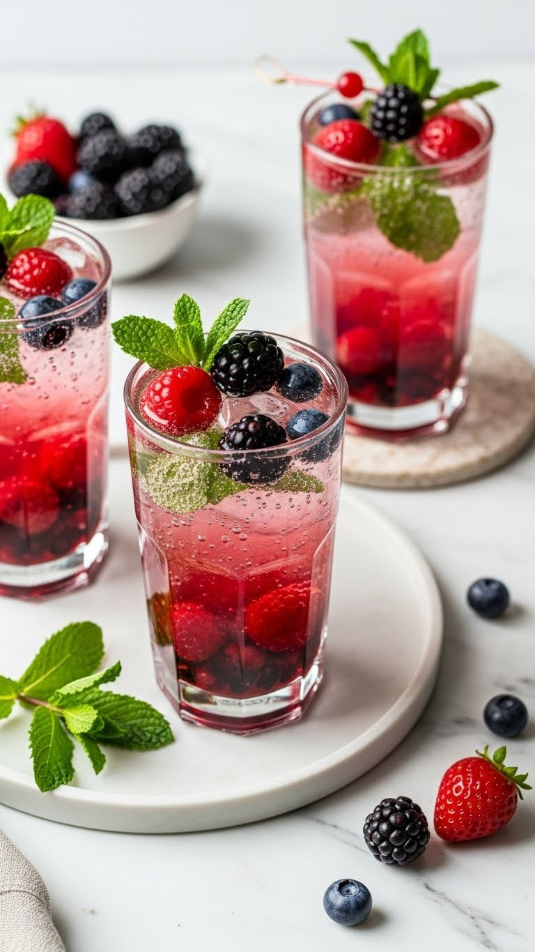 Three Tall Glasses Of Layered Berry Mocktail With Muddled Fruit And Mint Garnish On Light Marble Surface