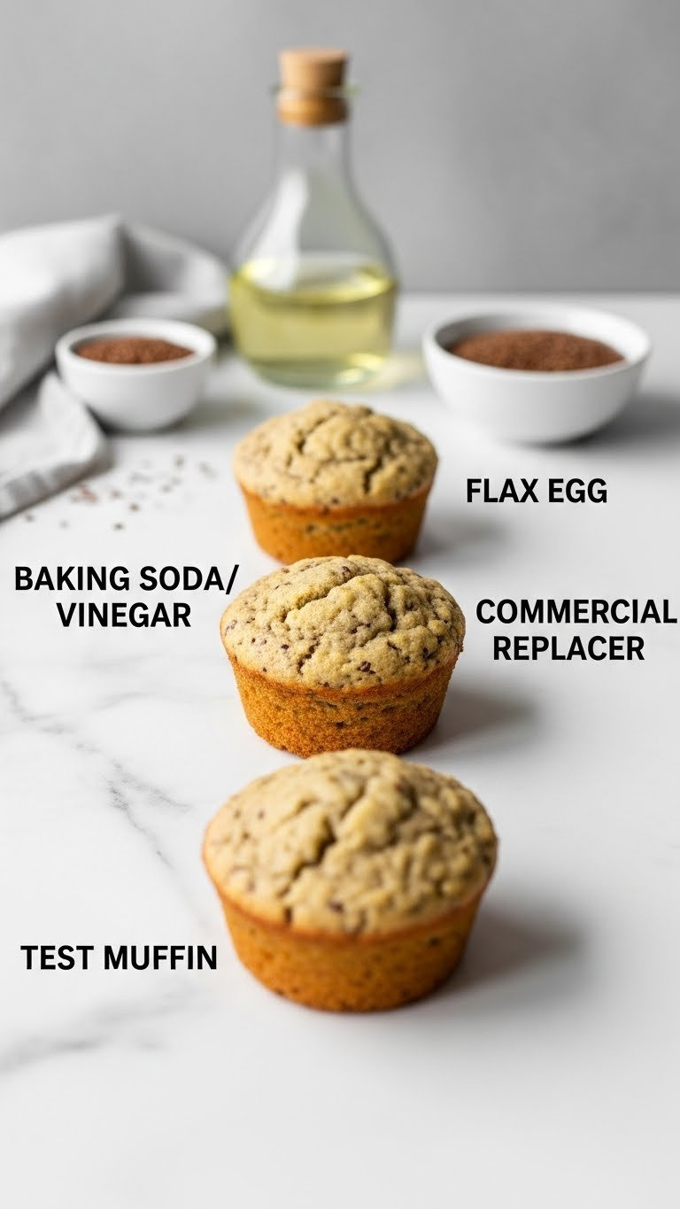 Three Test Muffins Comparing Leavening. Baking Soda/Vinegar Muffin Shows Superior Rise And Crumb On Marble Counter.