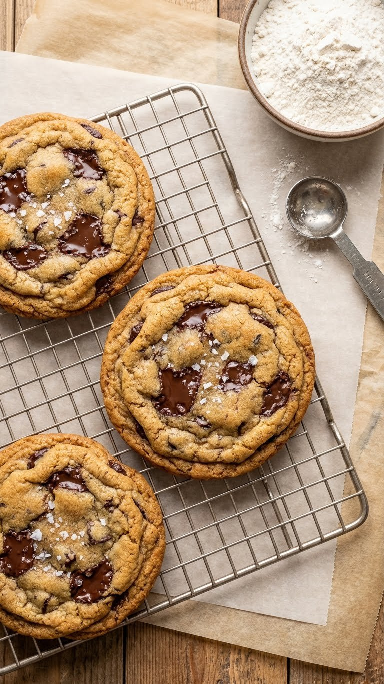 Three Thick, Chewy Chocolate Chip Cookies With Melted Chunks, Sea Salt, On Cooling Rack. Flat Lay, Baking Ingredients, Warm Light.