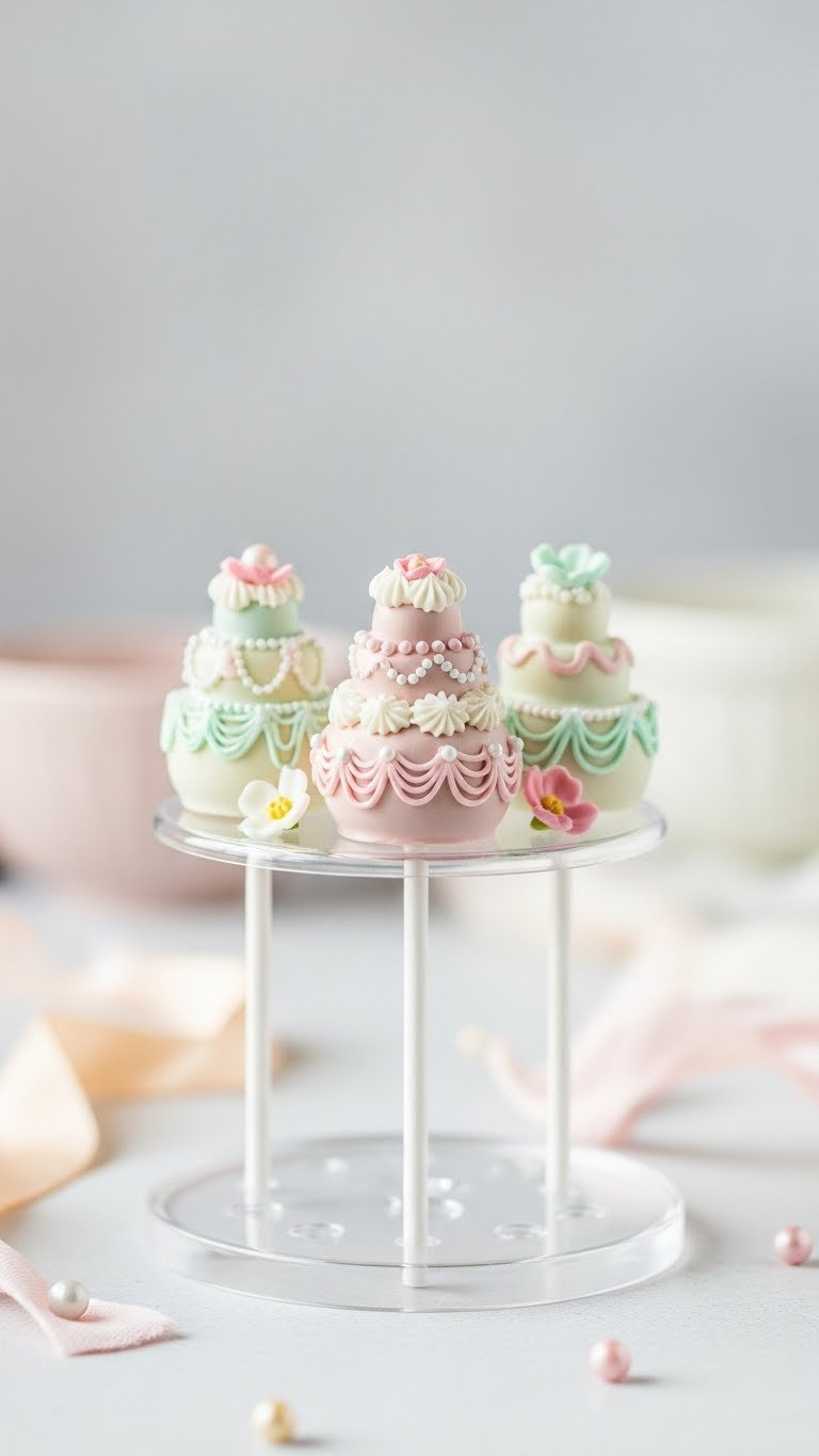 Three Tiny Tiered Cake Pops Decorated With Piped Frosting And Edible Pearls In Clear Holder.