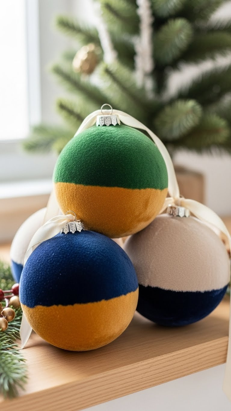 Three Two-Tone Velvet Ornaments Featuring Forest Green To Gold And Navy To Cream Color Transitions With Elegant Contrast.