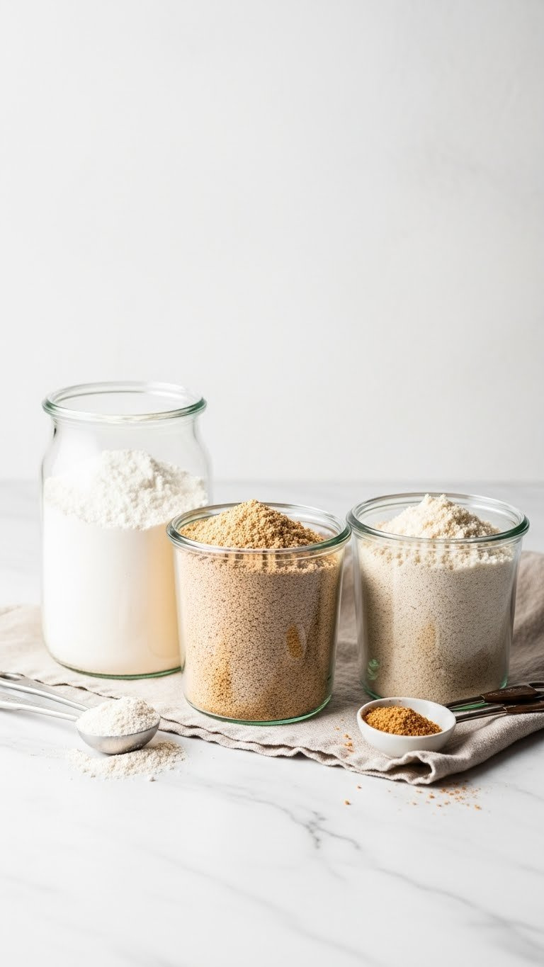Three Types Of Flour Displayed Side-By-Side In Clear Glass Jars Showing All-Purpose, Whole Wheat, And Almond Flour Textures.