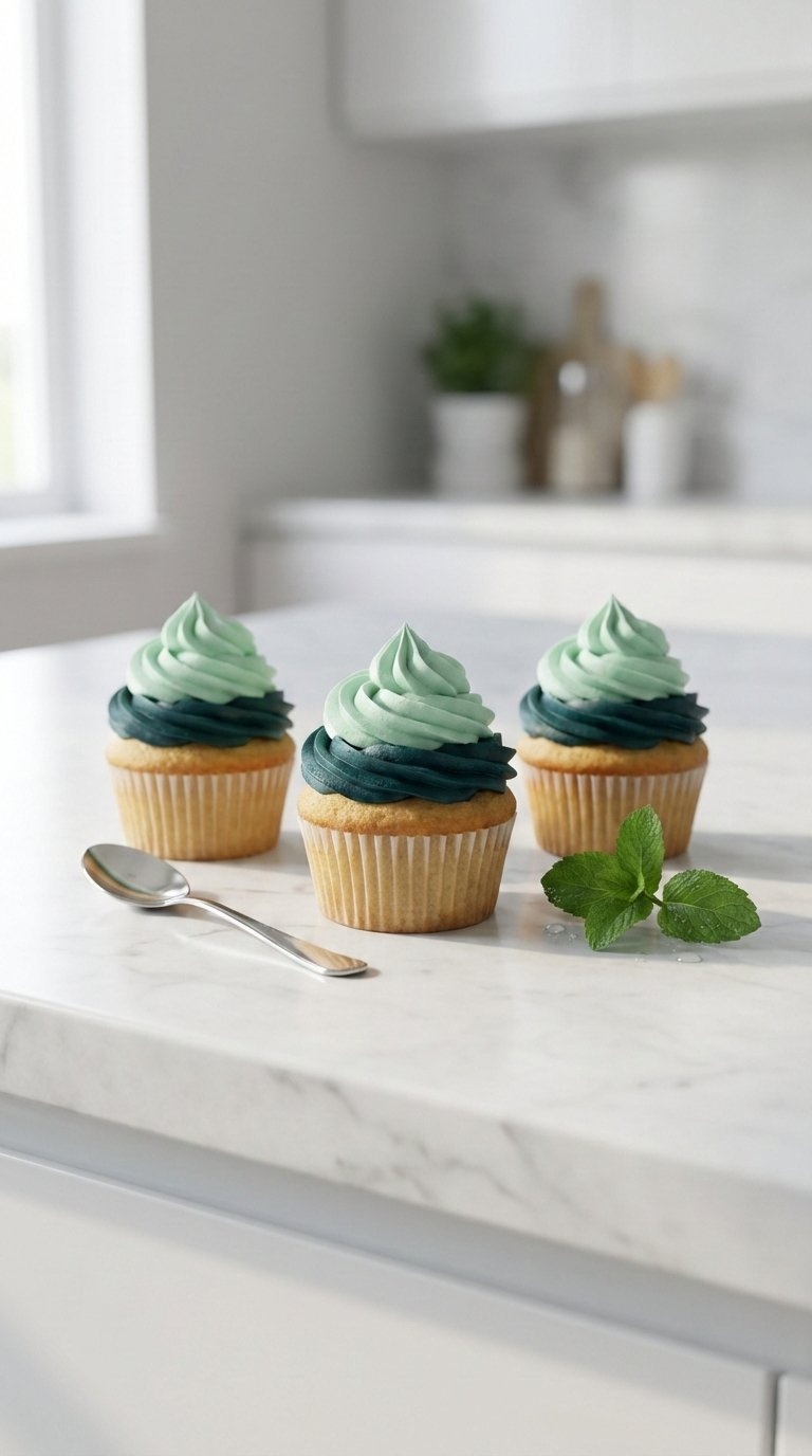 Three Vanilla Cupcakes With Elegant Teal To Mint Green Ombre Buttercream Swirl Gradient Effect