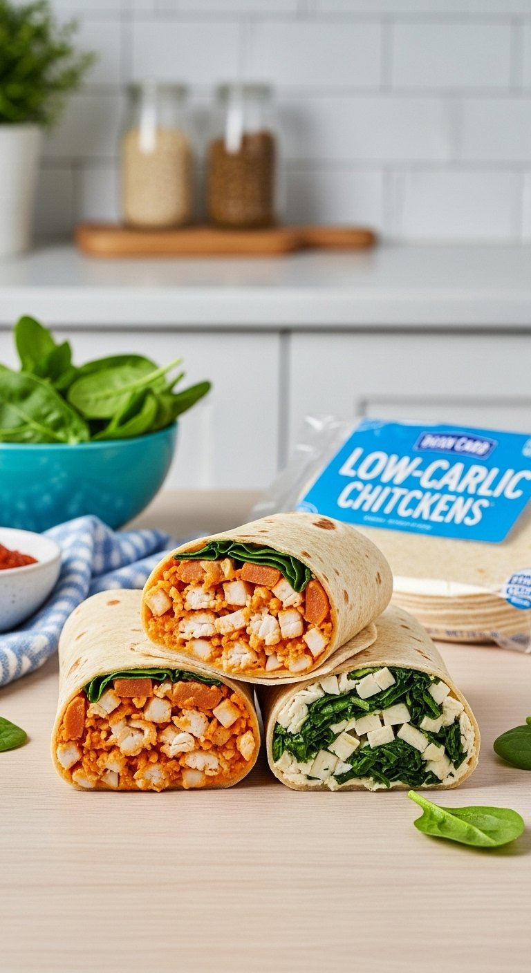 Three Variations Of Cheesy Garlic Chicken Wraps Including Standard, Low-Carb, And Spinach Versions Arranged On A Light Wooden Table.